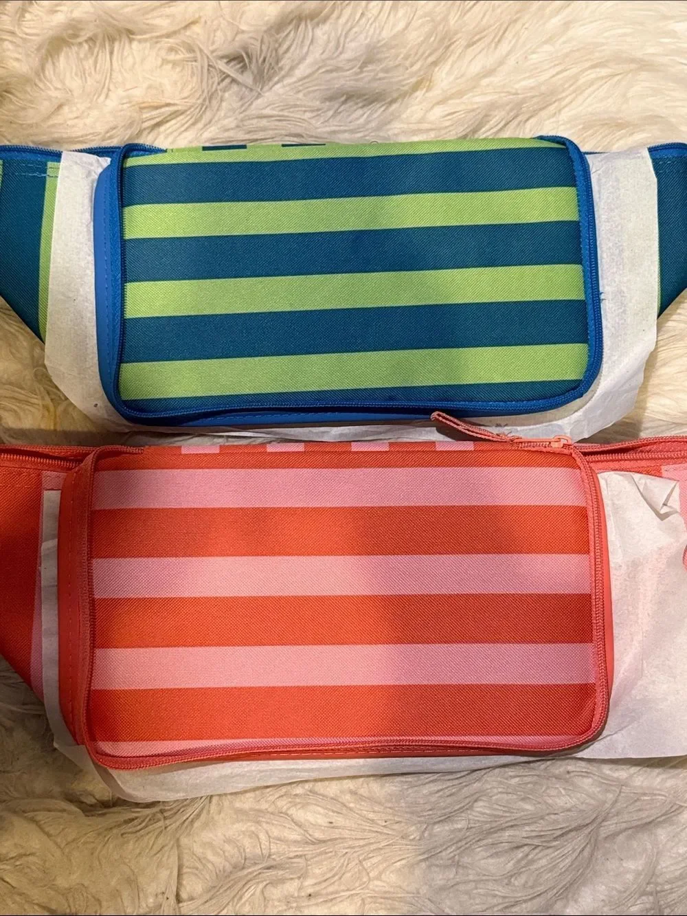 Trader Joe’s Set of 2 Striped Mini Insulated Bags — Green/Blue & Coral/Pink Set